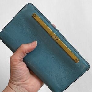 Fossil Blue Leather Wallet with Gold Accent